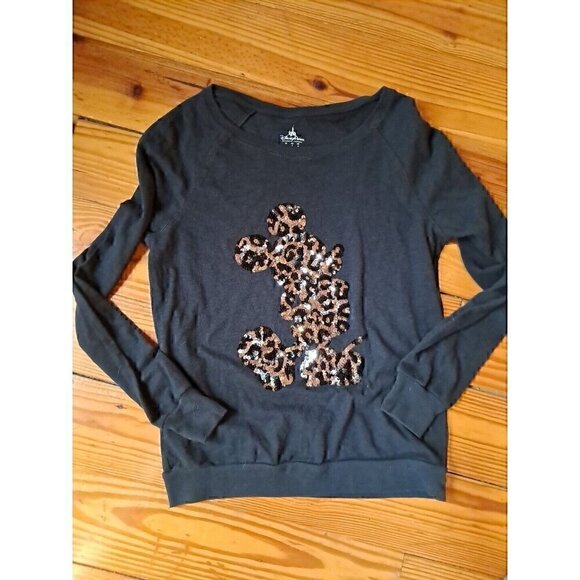 Disney Parks Black Sequin Leopard Holiday Mickey Mouse Sweatshirt Leopard S - Picture 1 of 2
